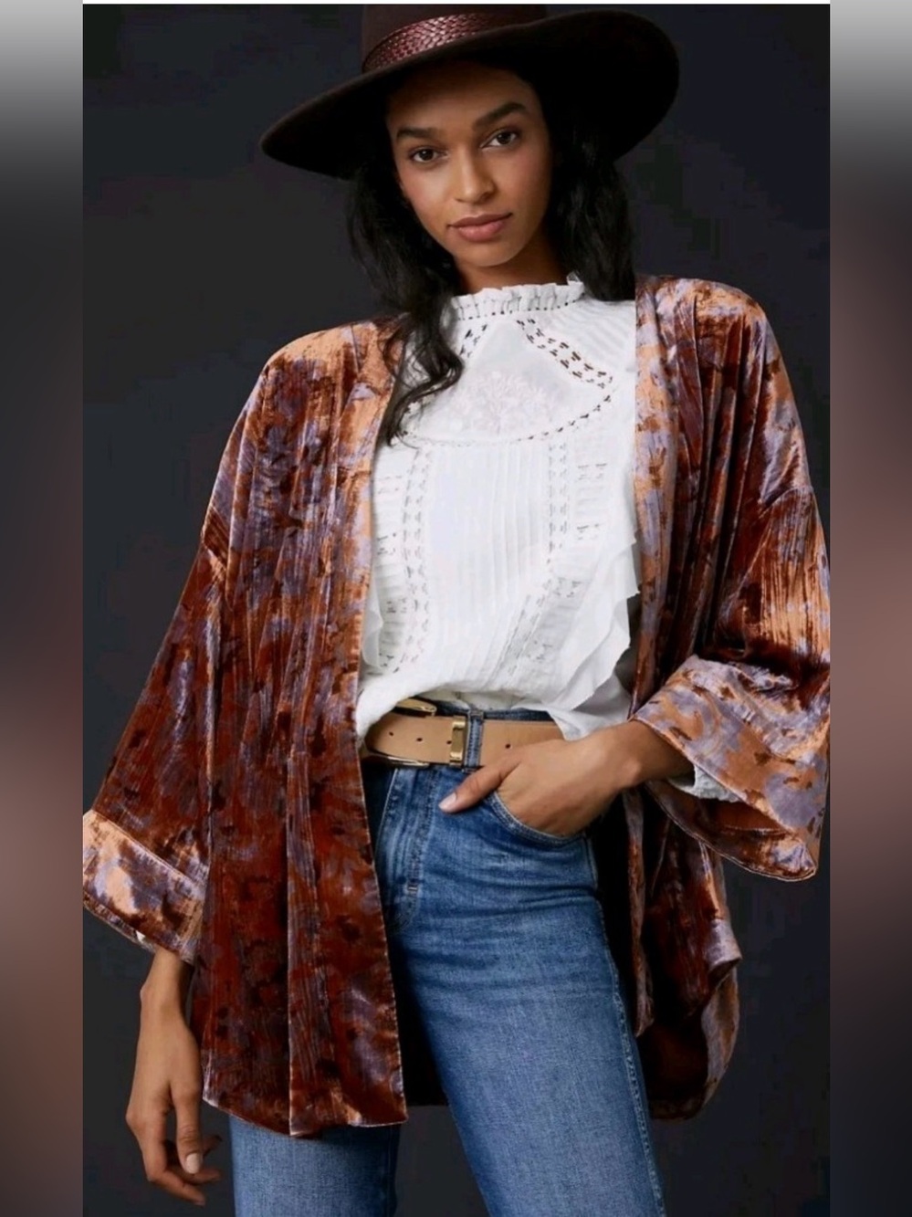 Anthropologie Esme Velvet Kimono Women’s S Jacket Copper Amethyst Cardigan Gypsy